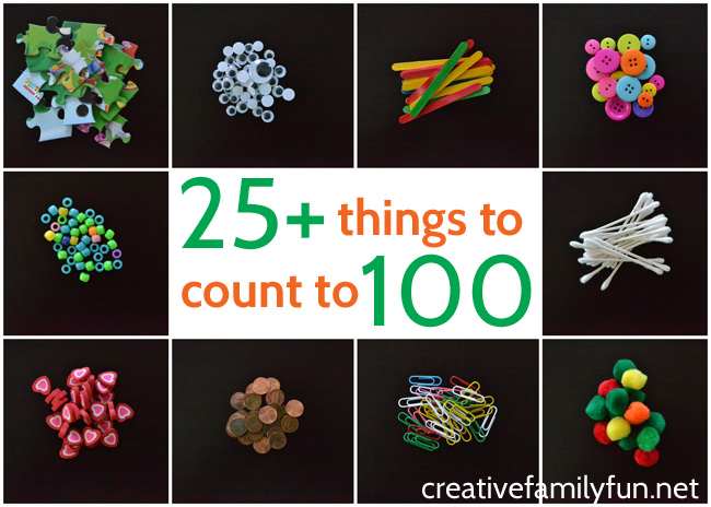 Here are over 25 everyday things to count to 100. They're all small, easy-to-find, and perfect to bring for the 100th day of school.