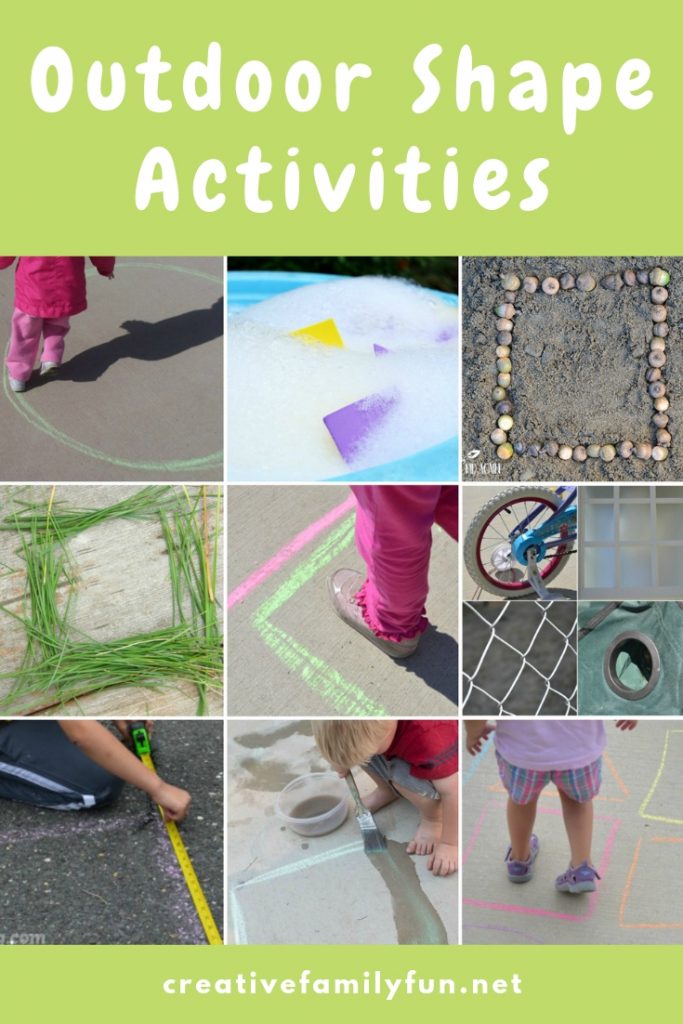 Outdoor shape activity collage showing several activities like sidewalk chalk shapes, rock shapes, and water play