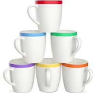 Vremi 12 oz Coffee Mugs Set of 6 - White Ceramic Porcelain Mugs for Women and Men - Hot Tea Mug Set with Cool Decorative Red Orange Yellow Green Blue Purple Color Trim - Microwave and Dishwasher Safe