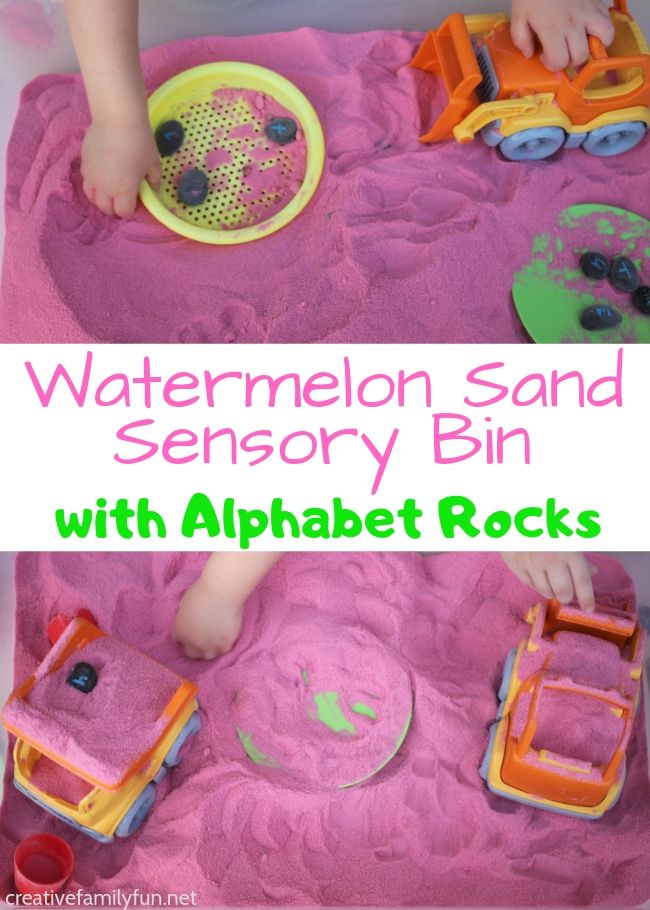 Have fun playing and learning your alphabet with this fun watermelon sensory sand activity with homemade alphabet rocks. It's a fun summer sensory activity!