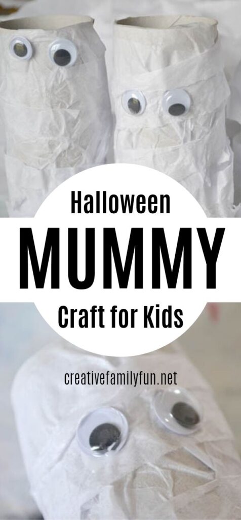 Grab some simple craft supplies and recycled materials for this cute kids Halloween craft, a Cardboard Tube Halloween Mummy craft.